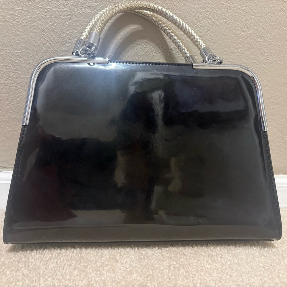 Black Patent Leather Handbag with Silver Details